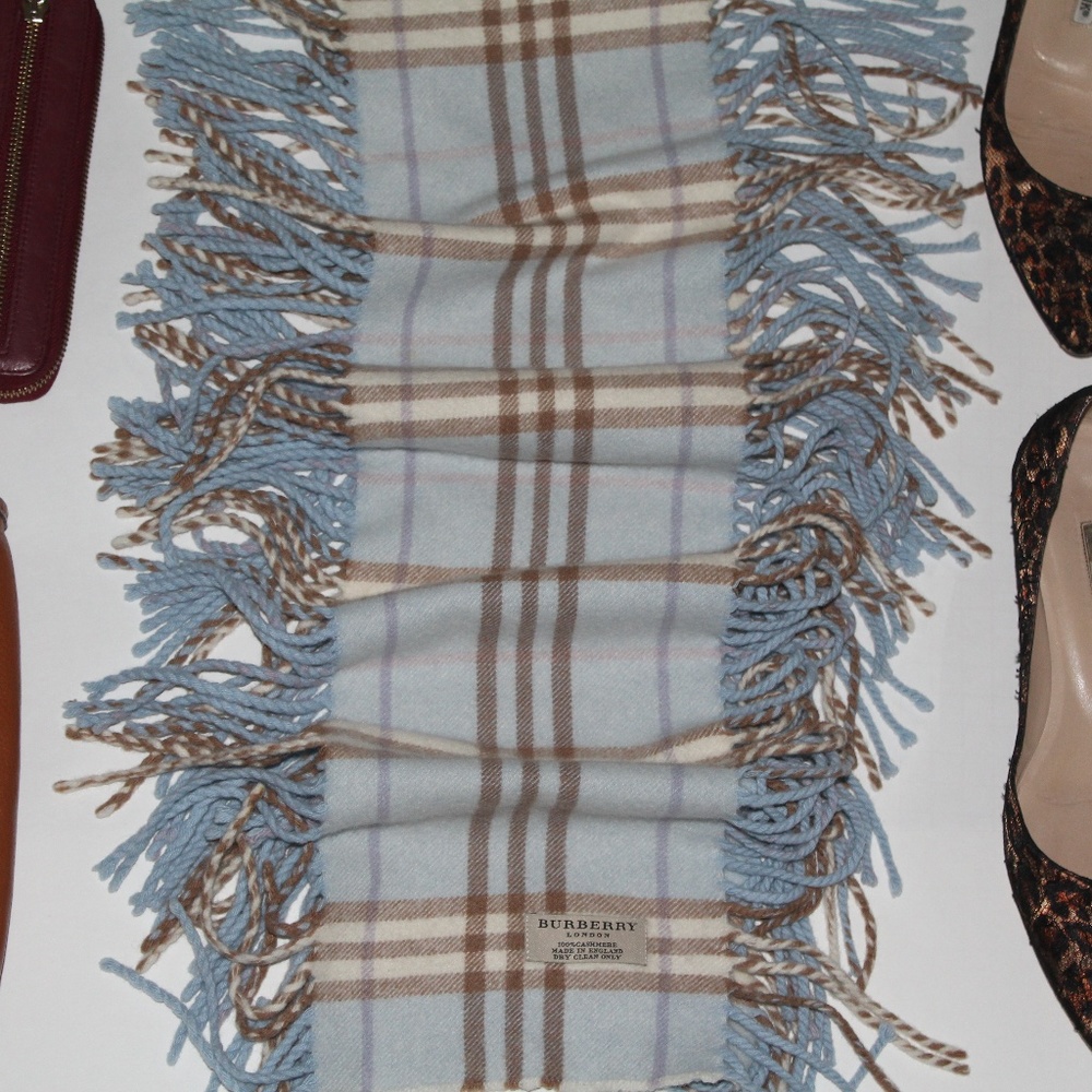 Burberry Baby Blue Tasseled Cashmere Scarf.